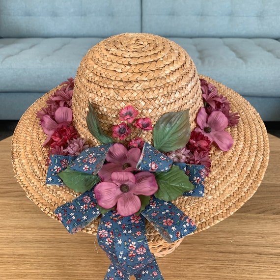 Vintage Girls Floral Straw Kids Hat Cottage Core Wall Decor  display picture 1