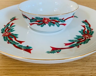 Tienshan Holiday  CHIP & DIP  SET Fine China Poinsettia Ribbon  2 Pcs Christmas Dishes Vintage