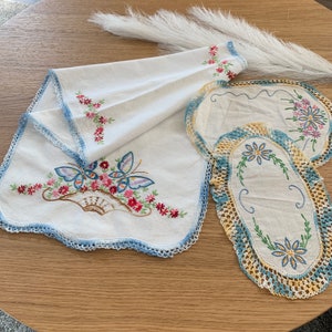 Vintage Table Runner & Doilies Floral embroidery Vanity Dress ,Crochet Edge Dresser Scarf and Doilies