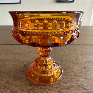 Vintage Amber  Indiana Carnival Glass King Crown Thumbprint Compote Dish
