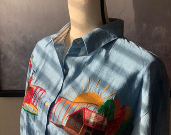 80's Shirt /Chambray Button Down Shirt with Appliqué Corduroy Embroidery/80's Blue  Long Sleeves Shirt