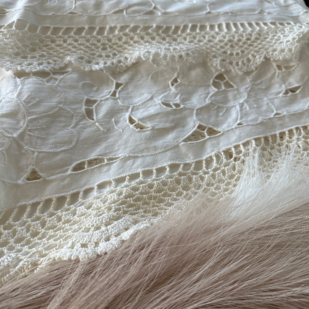 Vintage White Cotton Bedskirt Floral Cut Work Embroidery With Hand