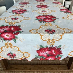 Vintage Christmas Fabric Tablecloth Classic Poinsettia Large Square Tablecloth Scalloped Edge  81&quot; x 58&quot;