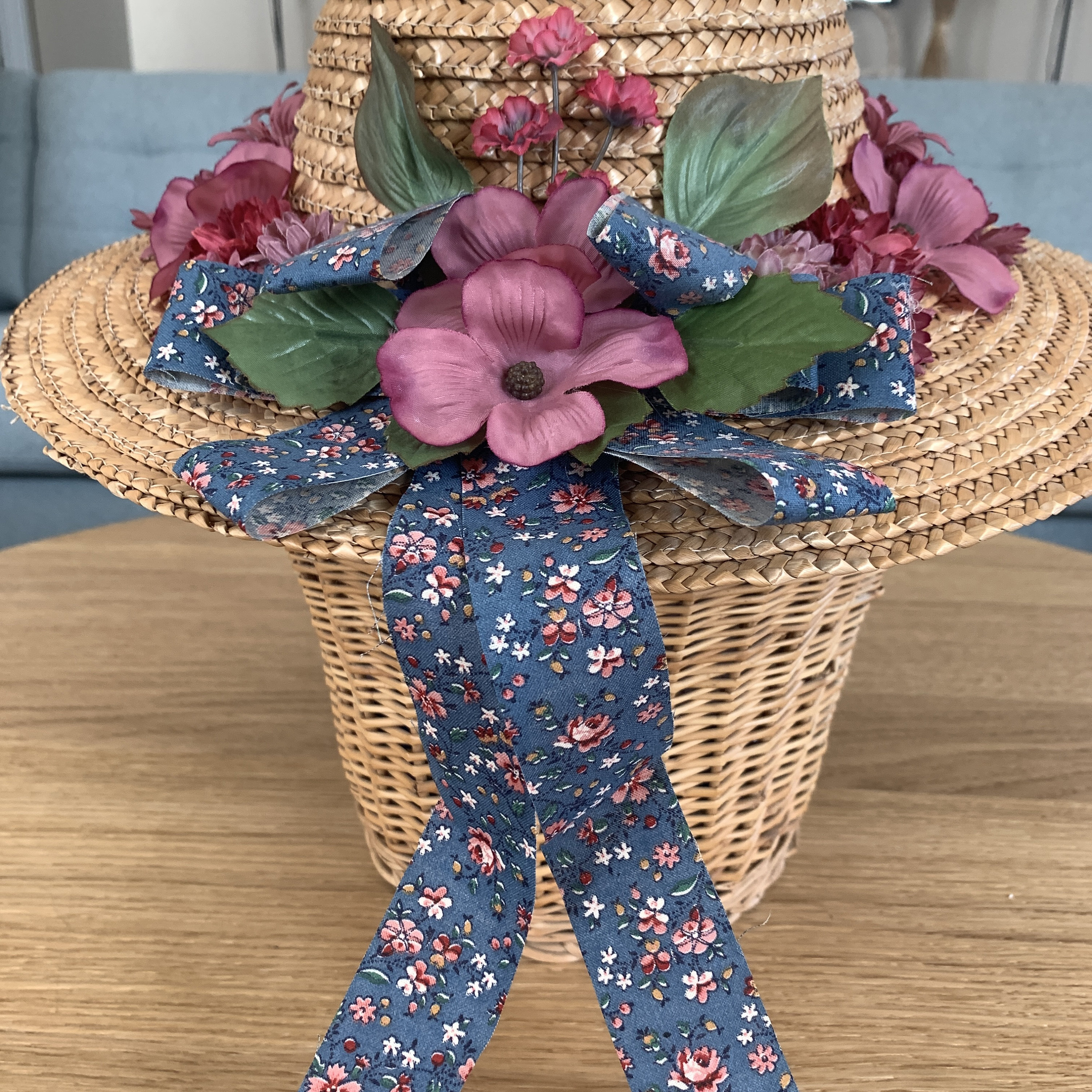 Vintage Plaid Straw Floral Hat Teal & Purple Vintage New Floppy Straw Hat with Teal Floral Ribbon Summer  main image 4