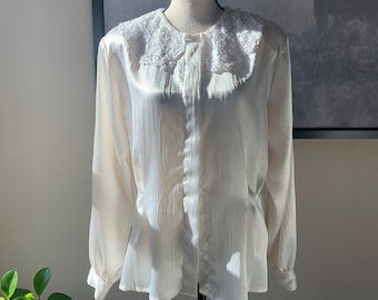 Blusa Vintage 80's Blanco Marfil con Cuello Encaje Blusa Secretaria