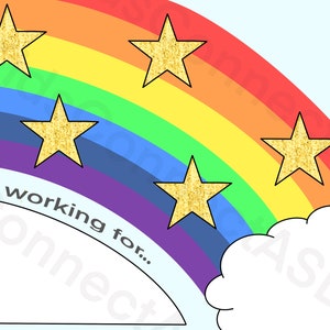 Könnte beinhalten: Ein Regenbogen mit fünf goldenen Glitzersternen. Der Regenbogen befindet sich auf einem hellblauen Hintergrund. Der Text "Ich arbeite für..." steht in der linken unteren Ecke des Bildes.