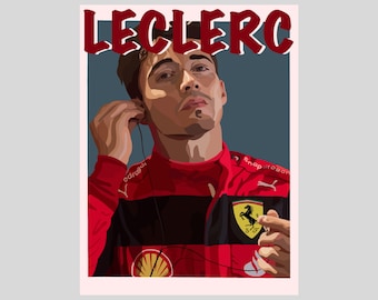 Może przedstawiać: Portret mężczyzny w czerwono-czarnym kombinezonie wyścigowym z logo Ferrari. Mężczyzna ma na sobie słuchawki i patrzy w obiektyw. Tekst "LECLERC" jest napisany na górze obrazu na czerwono.