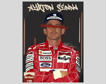 Może przedstawiać: Cyfrowa ilustracja kierowcy wyścigowego Ayrtona Senny w czerwonym kombinezonie wyścigowym z różnymi logo sponsorów, w tym Marlboro, Shell, Boss i Ford. Nosi niebieską czapkę bejsbolową z napisem "Nacional". Tło jest czarne z czerwonymi pionowymi liniami.