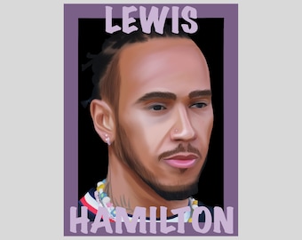 Może przedstawiać: Cyfrowa ilustracja Lewisa Hamiltona, kierowcy Formuły 1, na czarnym tle z napisem "LEWIS HAMILTON" w kolorze różowym.