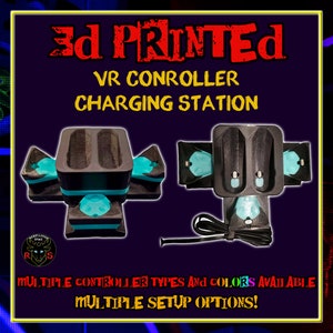 Puede incluir: Estación de carga de controlador VR impresa en 3D. El diseño presenta una combinación de colores negro y verde azulado. El texto de la imagen dice "3D PRINTED VR CONTROLLER CHARGING STATION". La imagen también indica "MULTIPLE CONTROLLER TYPES AND COLORS AVAILABLE" y "MULTIPLE SETUP OPTIONS!"