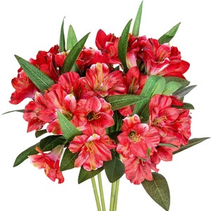 May include: A bouquet of red alstroemeria flowers with green leaves.
