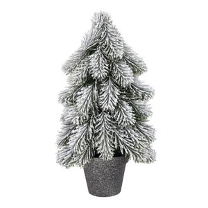 May include: A small, artificial Christmas tree with snow-covered branches. The tree is potted in a gray, textured pot. The evergreen branches are a deep green, contrasting with the white snow. A festive decoration for the holiday season.