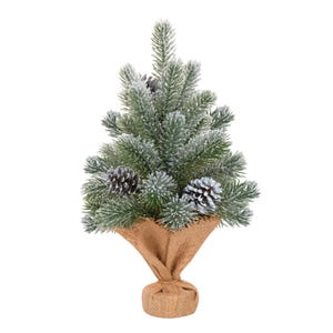 May include: A small artificial Christmas tree with green needles and frosted tips. The tree is decorated with several pinecones and sits in a burlap pot. The tree is a festive decoration for the holiday season.