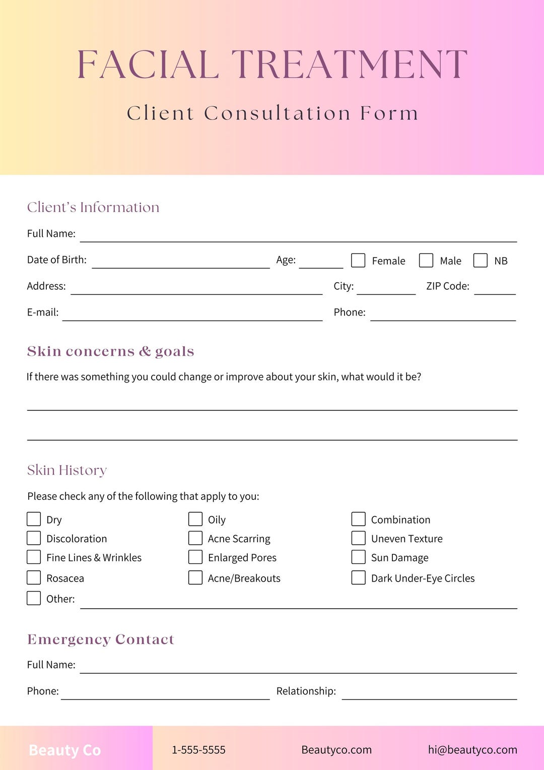 Editable Facial Treatment Client Intake Form - Etsy