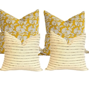 Block printed mustard and natural linen pillow cover combo | striped natural cotton pillow cover | 4 pillow covers in total