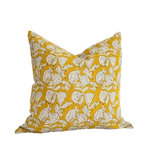 Kay| Mustard Hand block print floral linen decorative pillow cover