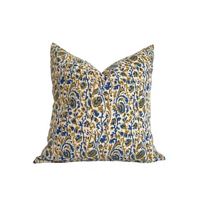 Ray| Mustard & Blue Hand block print floral linen pillow cover