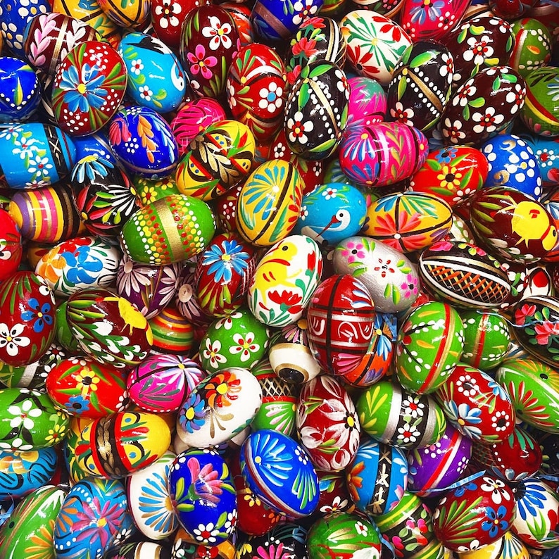 Traditional European Polish Hand-Painted Wooden Eggs with Drawstring Bag Small Size Bundle of 9 image 1