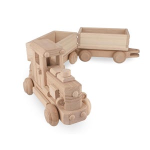 May include: A wooden toy train set with a locomotive and a boxcar. The train is made of natural wood and has a simple design. The locomotive has a large, round chimney and a small, round bell. The boxcar has a rectangular shape and a small, round door.