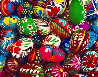 Traditional European Polish Hand-Painted Wooden Eggs with Drawstring Bag - Medium Size (Bundle of 6)