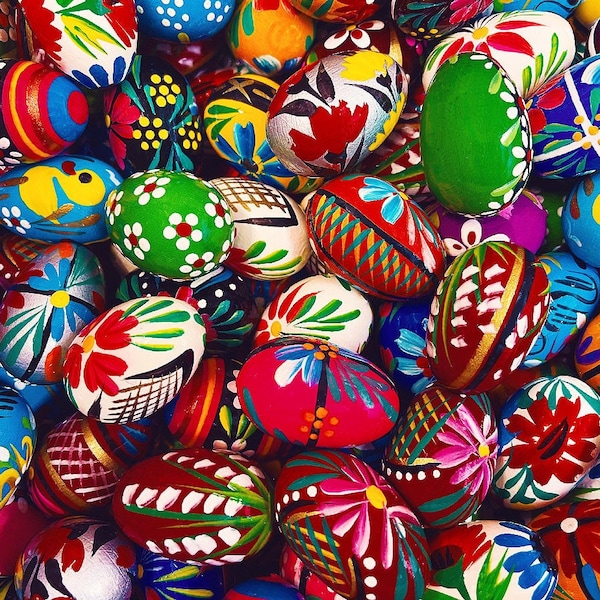 Traditional European Polish Hand-Painted Wooden Eggs with Drawstring Bag - Medium Size (Bundle of 6)