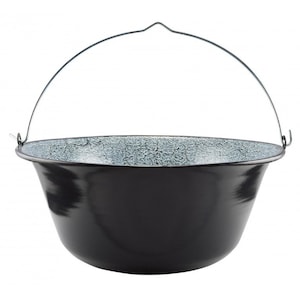May include: A black enamel cast iron pot with a white speckled interior and a wire handle.