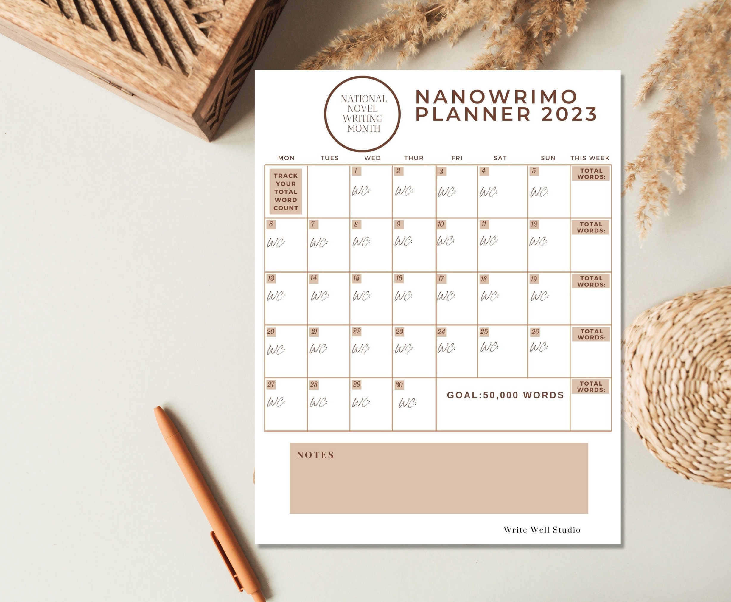 Preptober 2023, Nanowrimo Checklist for Writers, Word Count Calendar Etsy