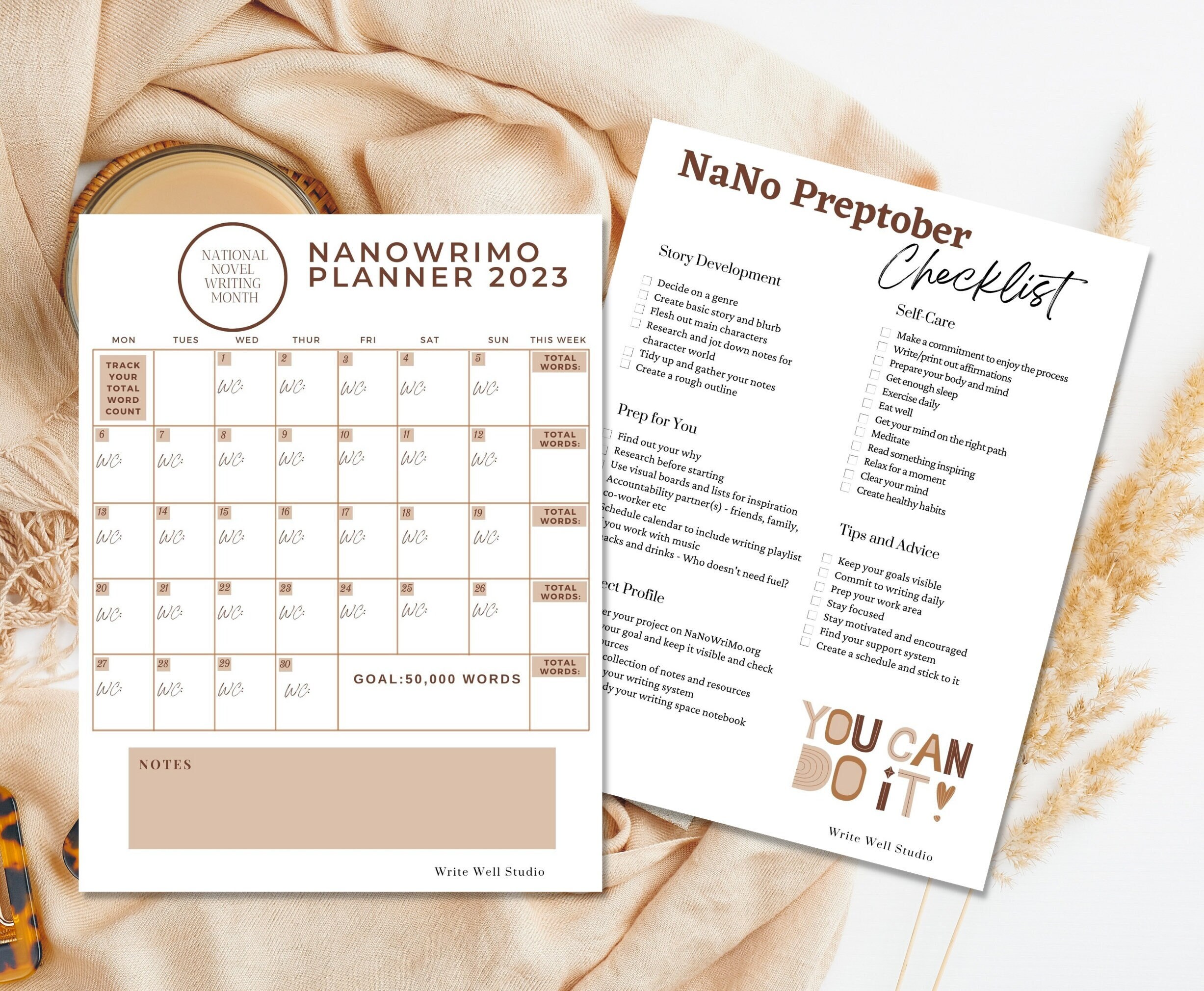 Preptober 2023, Nanowrimo Checklist for Writers, Word Count Calendar Etsy