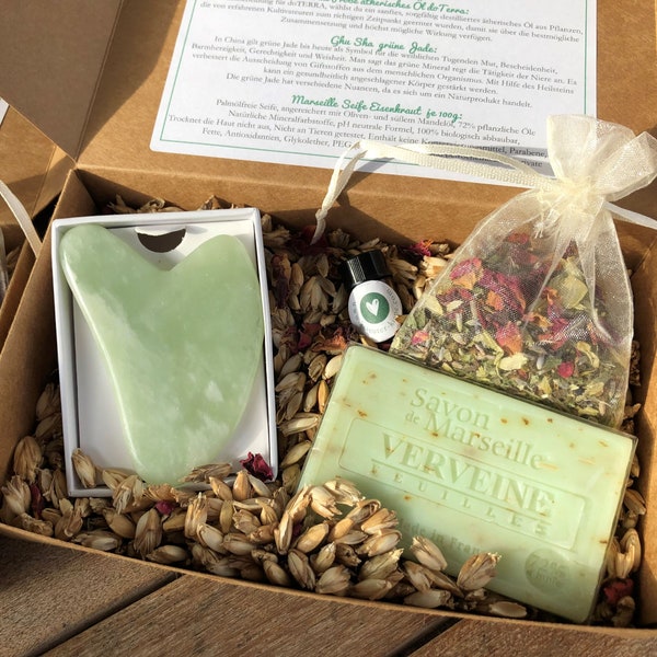 Mädelsgeschenk I Geschenkbox für Frauen I Gua Sha I Rosenquarz I Grüne Jade I Bergkristall I Tiegerauge I Aventurin I ätherische Öl I Seife