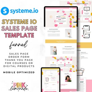 May include: A pink and yellow sales page template for Systeme.io, a digital marketing platform. The template includes a sales page, order form, thank you page, and mobile optimisation. The text "Pink Lemonade" is featured in a pink and white font.