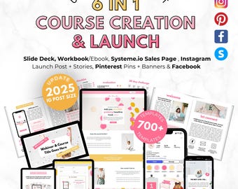 May include: A promotional image for a course creation toolkit. The image features various digital devices displaying course templates, including a tablet, laptop, and smartphones. Text includes "ULTIMATE TOOLKIT", "6 IN 1 COURSE CREATION & LAUNCH", and "700+ TEMPLATES".