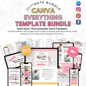 Op de afbeelding: Een digitale templatebundel voor Canva, met de tekst "ULTIMATE BUNDLE CANVA EVERYTHING TEMPLATE BUNDLE". Inclusief website, social media templates en meer. Het ontwerp maakt gebruik van een roze en wit kleurenschema.