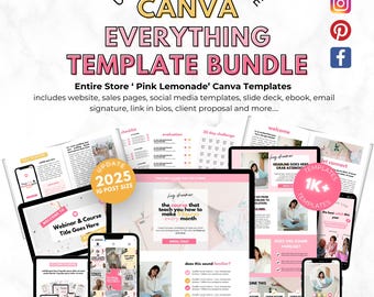 Pacchetto di modelli Canva. Pagina di vendita del sito web, cartella di lavoro, presentazione, lead magnet, creatore di corsi, coach, branding per nuove aziende, rosa, divertente e audace.