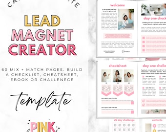 Könnte beinhalten: Eine rosa und goldene Canva-Vorlage zum Erstellen von Lead-Magneten. Die Vorlage enthält 60 kombinierbare Seiten, um eine Checkliste, ein Spickzettel, ein E-Book oder eine Challenge zu erstellen. Der Text "LEAD MAGNET CREATOR" ist in großen, fetten Buchstaben mit rosa und goldener Umrandung. Der Text "Template" steht in kleineren, fetten Buchstaben unter dem Titel. Der Text "PINK lemonade." steht in kleineren, kursiv geschriebenen Buchstaben unter dem Titel der Vorlage.