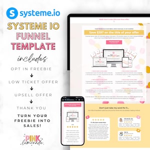 Pode incluir: Um modelo de funil de marketing digital rosa e amarelo para um negócio chamado Pink Lemonade. O modelo inclui um brinde de inscrição, uma oferta de baixo custo, uma oferta de venda adicional e uma página de agradecimento. O texto "Economize 397 € no título da sua oferta" é exibido na página.