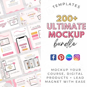 May include: A collection of 200+ pink and white digital templates for mockups. The templates feature text such as "Masterclass Title Goes Here", "Your Template Here", and "Freebie Title Here". The templates are designed for use with social media platforms like Facebook, Pinterest, Canva, and Instagram.