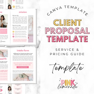 Client Proposal Template, Services & Pricing Guide, Welcome Packet, New Client Services Guide, Coaching Onboarding, Virtual Assistant, Canva