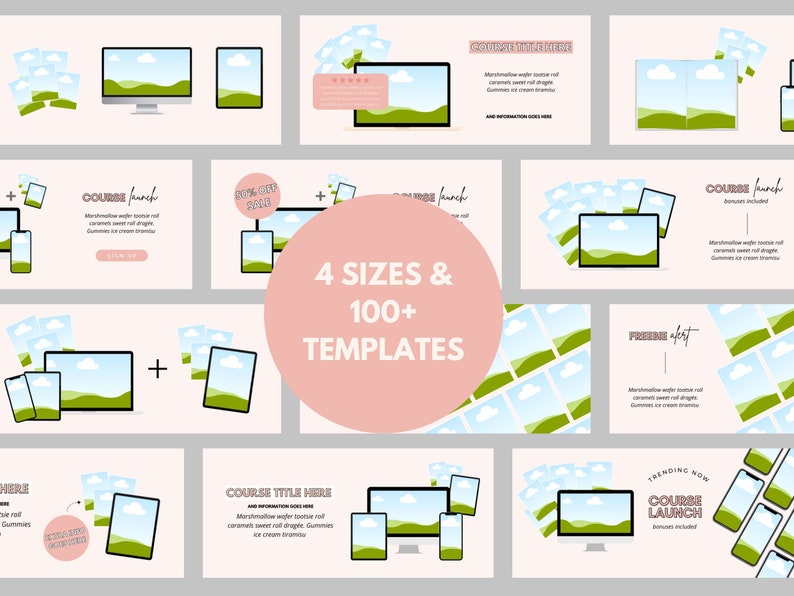 May include: A set of 100+ social media templates for promoting online courses. The templates feature a variety of layouts with different sizes and colors, including pink, green, and blue. The templates include text that says "COURSE TITLE HERE" and "COURSE LAUNCH".
