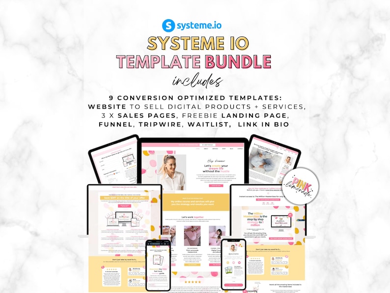 May include: A promotional image for Systeme.io's Template Bundle, showcasing website templates on various devices. The image includes the Systeme.io logo, the words "SYSTEME IO TEMPLATE BUNDLE includes", and a list of features, including sales pages and landing pages.