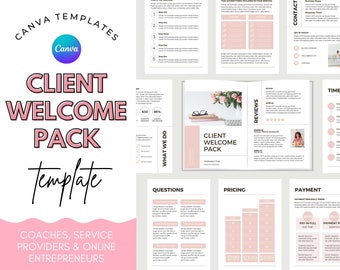 Pacchetto di benvenuto per il cliente, modello di onboarding del cliente, modello Canva di coaching, modulo per nuovi clienti, modello Canva per pacchetto di benvenuto per il cliente.