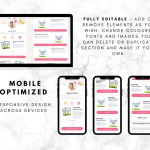 May include: A pink and white mobile-friendly landing page template for an online business. The template features a social media header, product images, and a call to action button. The text on the page reads "FULLY EDITABLE - ADD OR REMOVE ELEMENTS AS YOU WISH. CHANGE COLOURS, FONTS AND IMAGES. YOU CAN DELETE OR DUPLICATE SECTION AND MAKE IT YOUR OWN." and "MOBILE OPTIMIZED RESPONSIVE DESIGN ACROSS DEVICES".