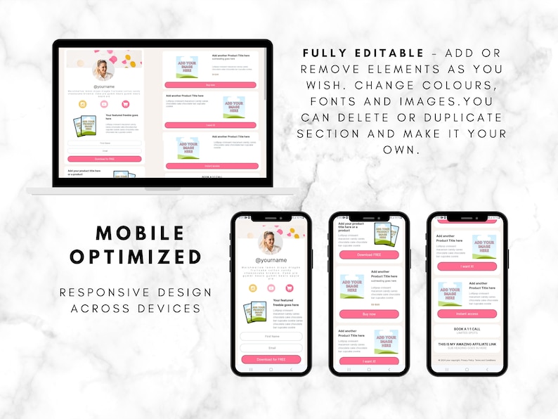 May include: A pink and white mobile-friendly landing page template for an online business. The template features a social media header, product images, and a call to action button. The text on the page reads "FULLY EDITABLE - ADD OR REMOVE ELEMENTS AS YOU WISH. CHANGE COLOURS, FONTS AND IMAGES. YOU CAN DELETE OR DUPLICATE SECTION AND MAKE IT YOUR OWN." and "MOBILE OPTIMIZED RESPONSIVE DESIGN ACROSS DEVICES".