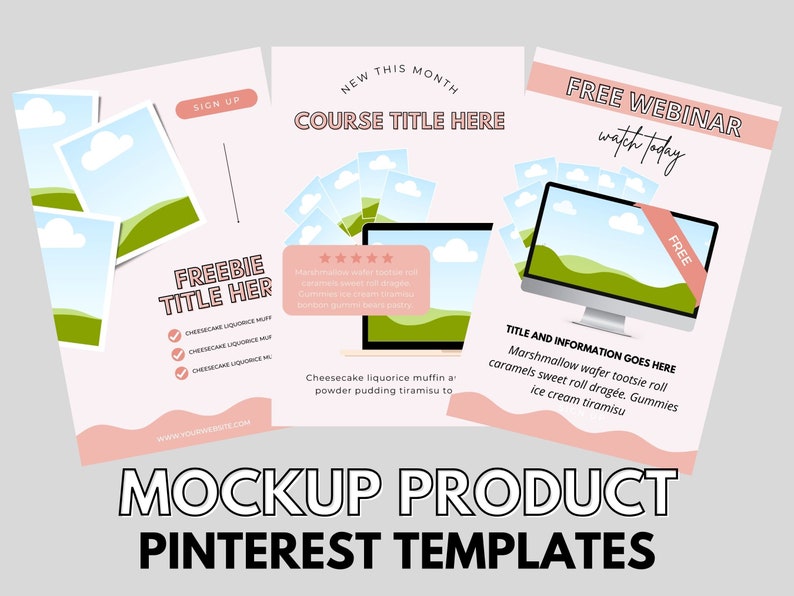 May include: Three pink and white digital marketing templates for Pinterest. The first template is for a freebie, the second is for a course, and the third is for a free webinar. Each template features a computer screen with a landscape image and a pink ribbon with the word "FREE".