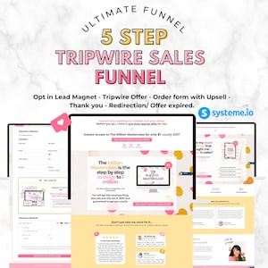 Puede incluir: Una pantalla de computadora que muestra un sitio web con un embudo de ventas de 5 pasos para un producto digital llamado "The Million Masterclass". El sitio web presenta un esquema de color amarillo y dorado con un ícono de corazón rosa y el texto "Ultimate Funnel" y "Tripwire Sales Funnel".