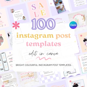 100 Instagram Post Templates Canva, Bright, Colourful Instagram Feed, Coach Templates, Business, Social Media Templates, Pastel, Pink.