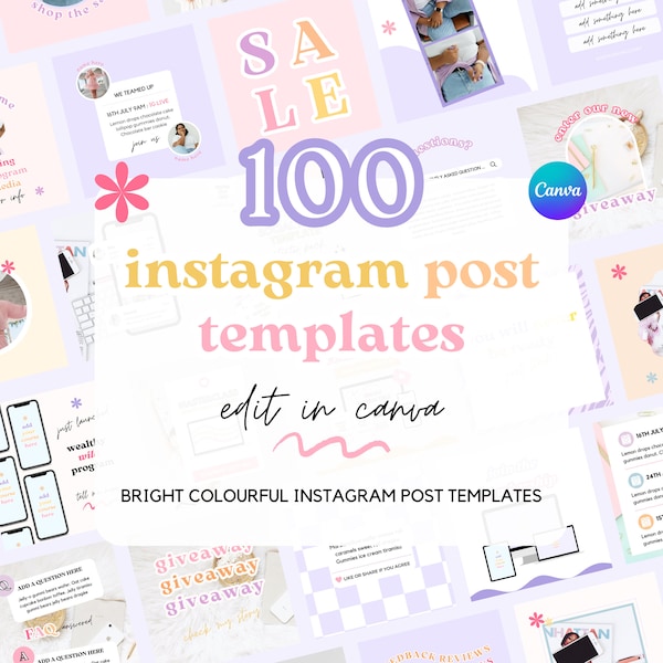 100 Instagram Post Templates Canva, Bright, Colourful Instagram Feed, Coach Templates, Business, Social Media Templates, Pastel, Pink.