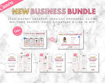 May include: A pink and white digital marketing bundle for Canva featuring 130+ templates. The bundle includes a lead magnet creator, client welcome packet, service proposal, email signature, and link in bio templates.