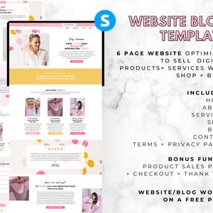 May include: A website blog template with a pink and yellow color scheme. The template includes a 6-page website optimized to sell digital products and services with a shop and blog. The template includes a bonus funnel, product sales page, and checkout.