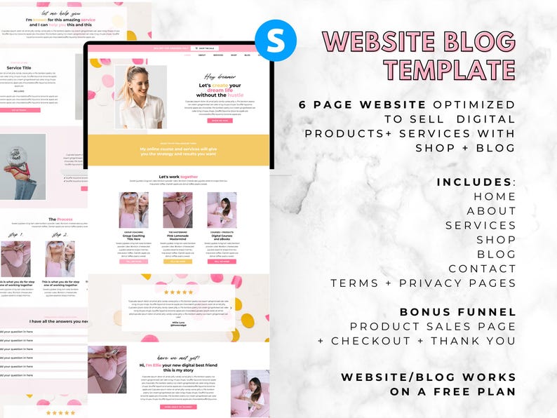 May include: A website blog template with a pink and yellow color scheme. The template includes a 6-page website optimized to sell digital products and services with a shop and blog. The template includes a bonus funnel, product sales page, and checkout.
