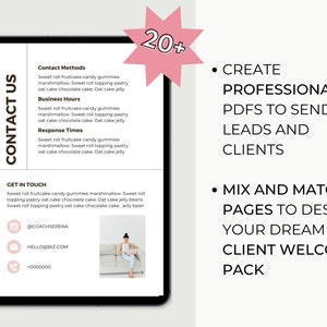May include: A digital tablet displays a document with contact information and a list of services. The text includes "Contact Us," "Create Professional PDFs," and "Mix and Match 25 Pages." A pink starburst graphic and a photo of a woman are also visible.